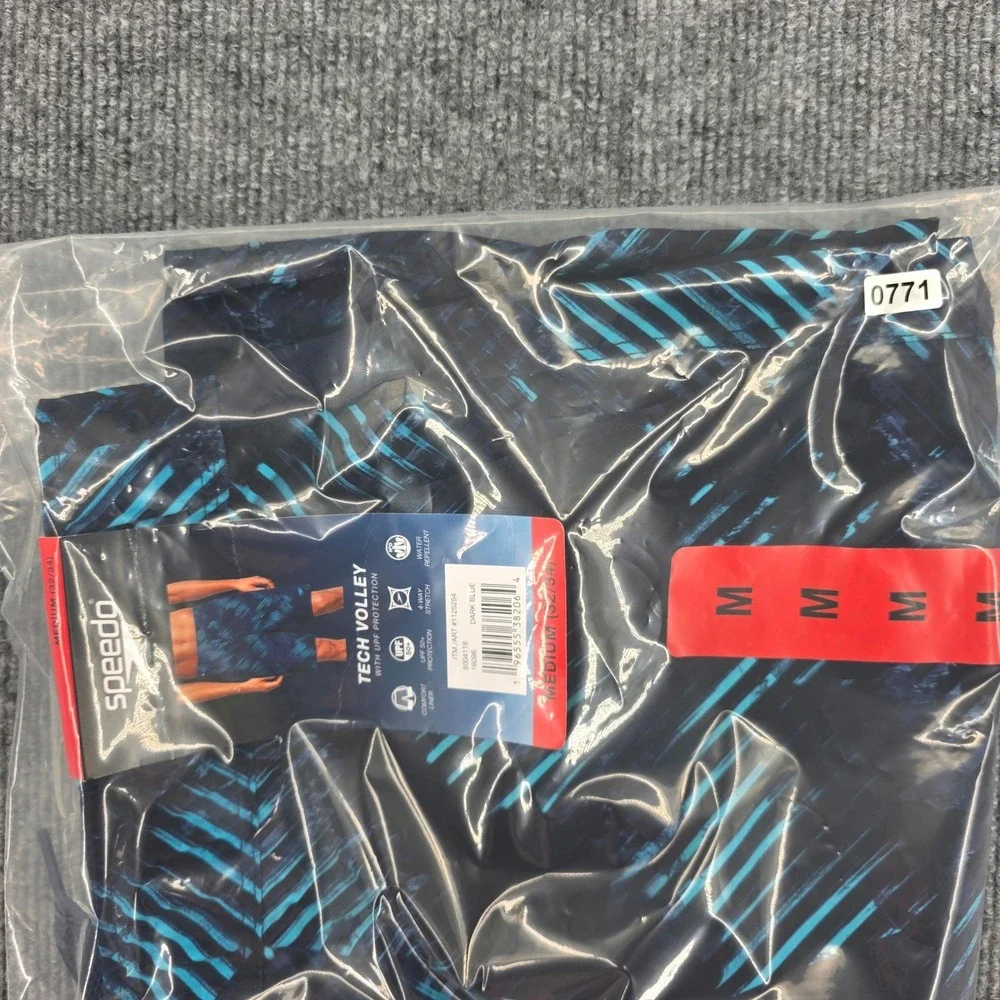 Speedo Tech Volley Mens Swim Shorts Blue Geometric Print UPF 50+ Medium NWT